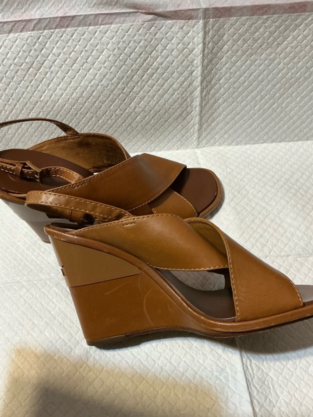 Tory Burch Tan Leather Crisscross Wedge Slingbacks - Picture 2 of 7